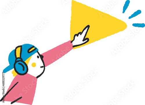 再生ボタンを押すヘッドホンをした男性　イラスト素材
