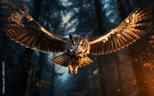 Owl in Flight at Night