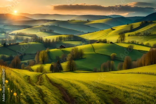 panorama of romania countryside at sunset in evening light. wonderful springtime landscape in mountains. grassy field and rolling hills. rural scenery