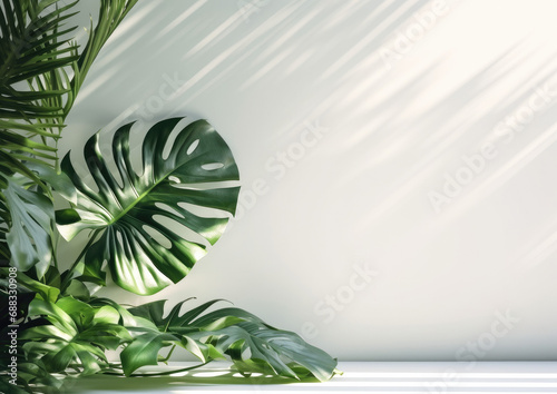 Interior plants — Monstera leaves and tropical foliage, with a botanical theme, sunlight flowing through leaves, isolated on a white background — HD image, perfect for graphic design projects and work photo