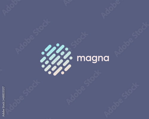 Abstract logo from colorful dots and lines. Universal energy technology sign. Creative molecule atom symbol. Vector illustration.