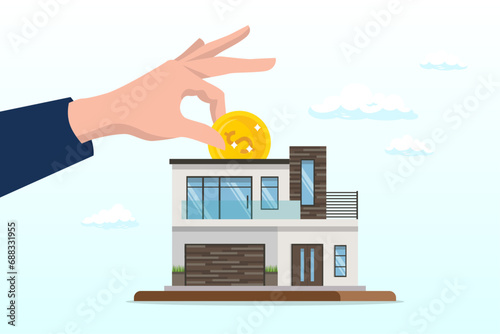 Businessman hand home owner putting money dollar coin into new house, down payment for house purchasing, mortgage or real estate loan, savings to buy new home or property investment, rental (Vector)