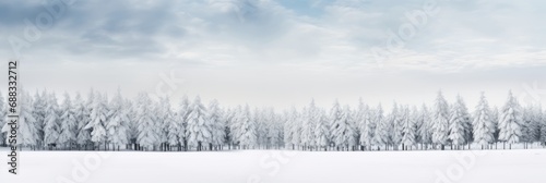 A Serene Embrace of Winter's Touch: The Minimalist Beauty of Snow-Covered Trees Standing Against a Crisp, Clear Sky in a Panoramic View © aicandy