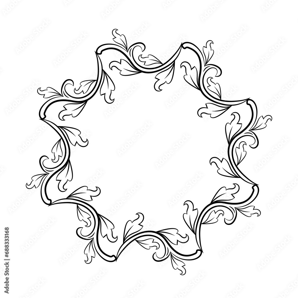 Baroque swirls floral ornamental circular frame element for related graphic design purpose.