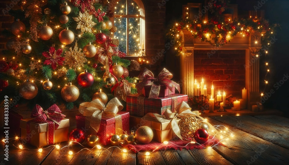Festive Christmas Eve: Warmly Lit Tree and Gifts with Candles and Wreaths


