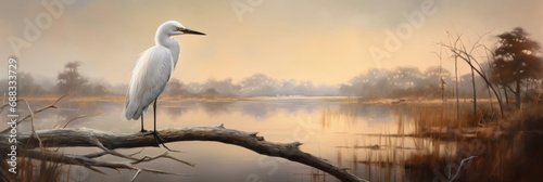 A Majestic Light Gray and White Snowy Egret Standing Serenely on a Driftwood Perch Overlooking the Tranquil Marshlands at Dawn's First Light