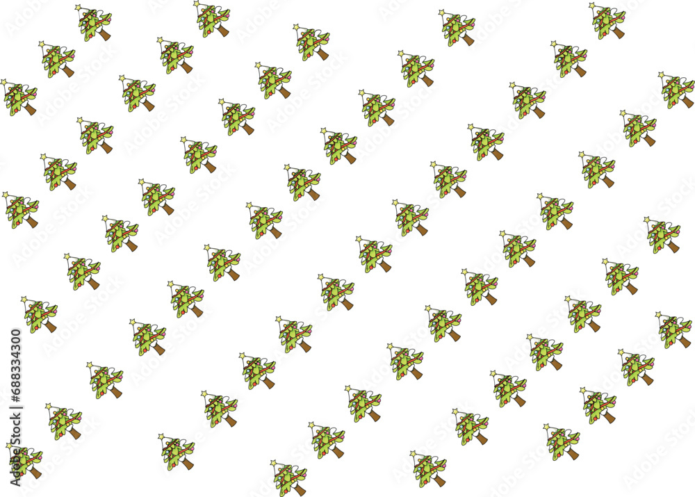 Festive wallpaper of cartoon Christmas trees in various shapes and sizes, decorated with ornaments and stars, on a white background. Festive wallpaper of cartoon Christmas trees in various shapes and sizes, decorated with ornaments and stars, on a white background.