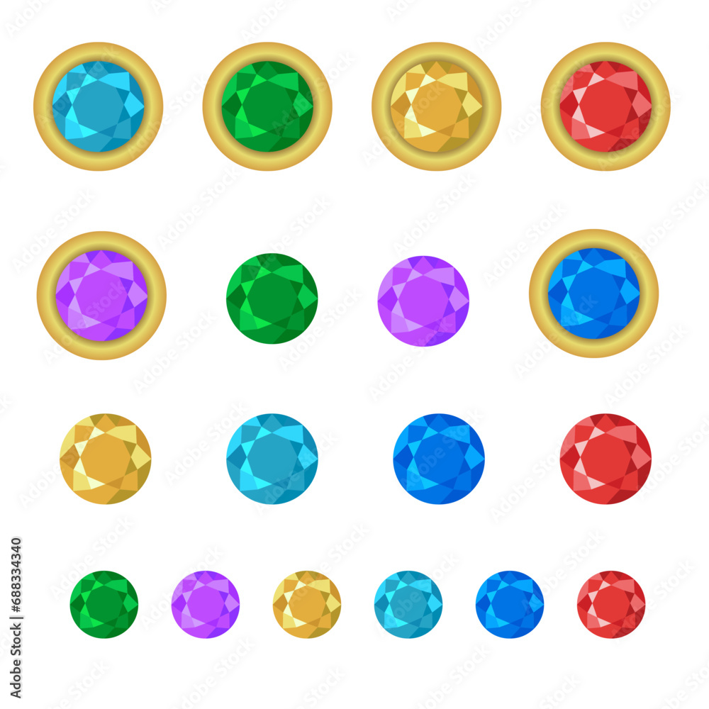 A set of gemstones, game frame elements. Yellow, magenta, red, blue, cyan, green gemstones, vector illustration. A set of gemstones, game frame elements. Yellow, magenta, red, blue, cyan, green gemstones, vector illustration.