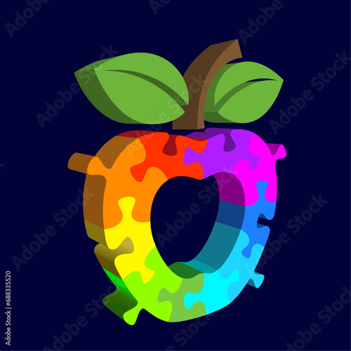 3d colorful puzzle apple vector isolated on blue background.