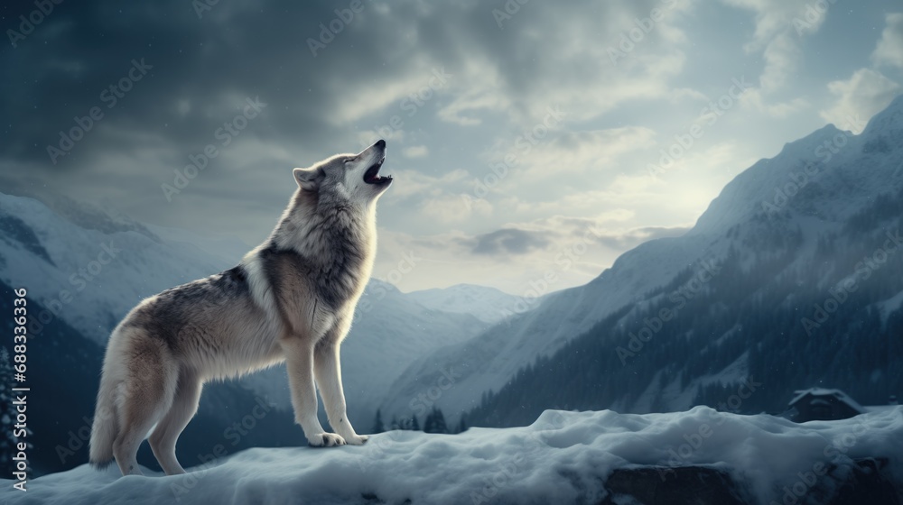 Naklejka premium wolf howling on a snowy cliff against a twilight backdrop, conveying the wild's haunting beauty and the call of the wild, dramatic and primal nature makes it an excellent fit for creative projects