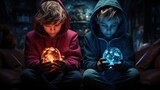 Two children, in hooded winter jackets, hold glowing orbs that emit stars and warmth. The contrast between their expressions and the vibrant, magical light suggests a story of wonder and discovery