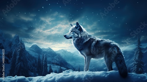 a lone wolf standing atop a snow-covered ridge under a starry night sky, with majestic mountains in the background. The wolf's gaze into the distance evokes a sense of wilderness and survival.