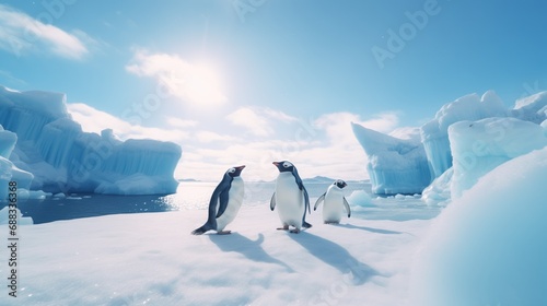 Three penguins in a lively procession across a pristine landscape with icebergs and the ocean under a bright sun, untouched and stark beauty of Antarctica and charm of wildlife inhabitants