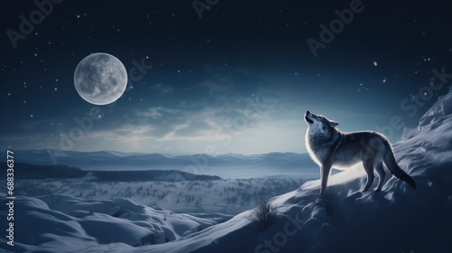 Under a starlit sky, a grey wolf howls at the full moon atop a snowy bluff. The moon illuminates the night, casting a mystical light over the undulating snowy landscape and the distant mountains. 