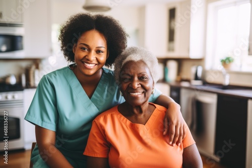 Portrait of a young female caregiver with senior patient at home photo