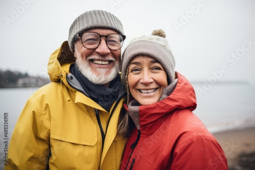 Portrait of a happy senior couple on winter beach