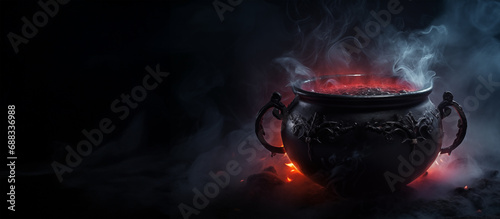 Witches cauldron banner with with red potion, toxic poison and smoke on dark background with copy space for text, witch craft halloween design photo