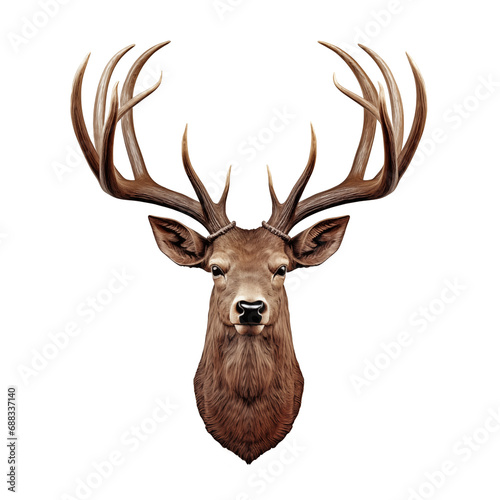 Wall mounted, stuffed deer head with antlers isolated on transparent background, hunting trophy with big big antlers 