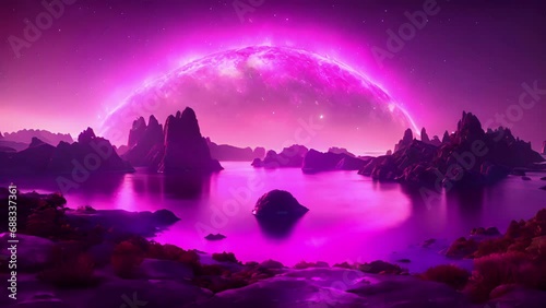 islands Aurora Aegis Archipelago like hidden utopia, shielded from rest world dancing green purple aurora. protective shield gives otherworldly glow, casting ethereal 2d animation photo