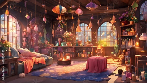 whimsical corner workshop, where colorful fabrics glittering sequins contrast with dark stone walls small incense burner fills with calming aroma. stream overlay animation photo