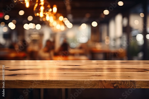 visual key design splay product montage backgroundFor cafe restaurant bokeh gold light blur bar counter top table texture Wood tabletop wooden bulb abstract background photo