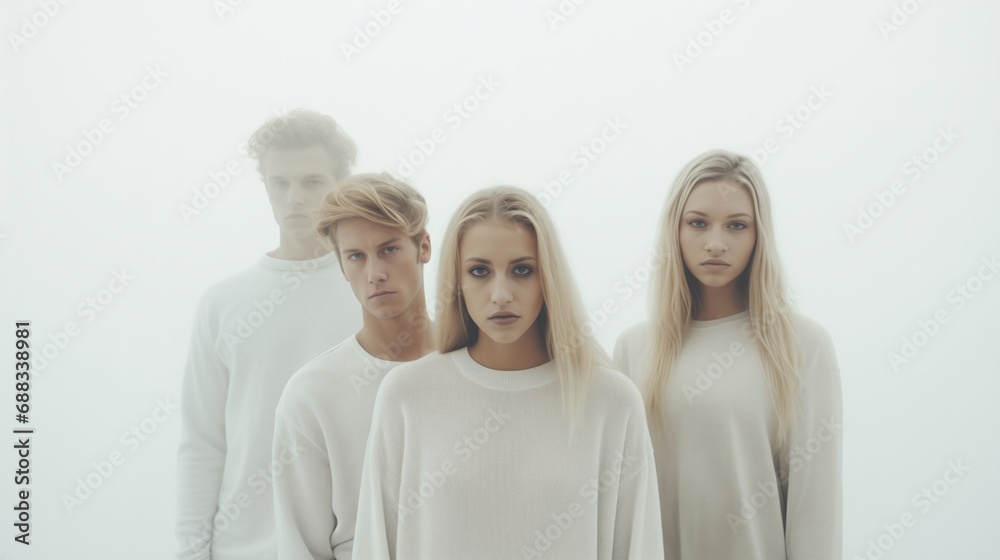 Four poised young individuals emerge from a misty backdrop, their expressions of tranquil modern stoicism evoke a dreamlike stillness Four poised young individuals emerge from a misty backdrop, their expressions of tranquil modern stoicism evoke a dreamlike stillness