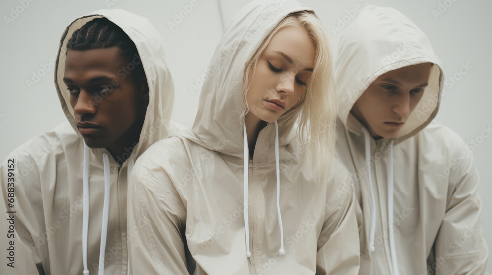 Three young adults in white rain jackets, lost in thought, evoke a mood of reflective stoicism amid a downpour