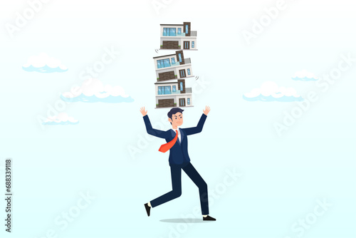 Tried businessman balancing unstable stack of houses he bought, housing investment risk, uncertainty of property mortgage loan and interest rate, real estate debt, buying too many houses (Vector)