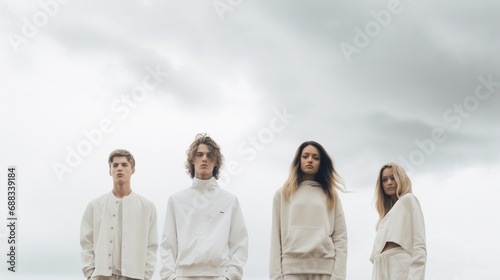 Four young adults in white and beige attire stand assertively under a brooding sky, exuding a modern, minimalist vibe