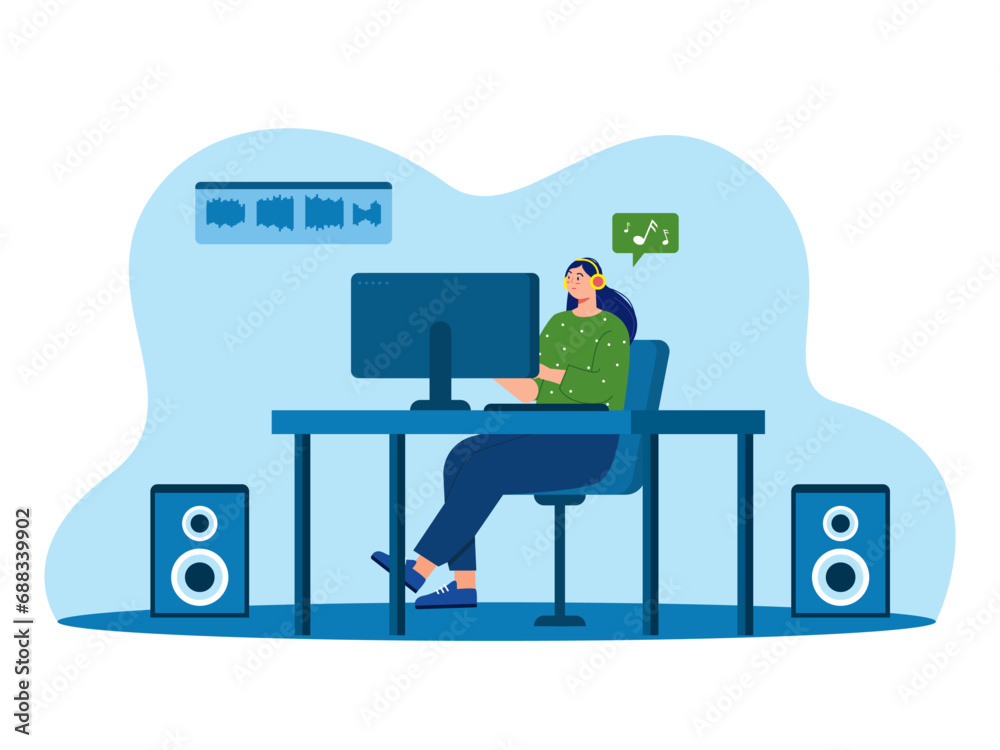 Music composer creating and recording music at the worklpace. Music studio Illustration. Music composer creating and recording music at the worklpace. Music studio Illustration.