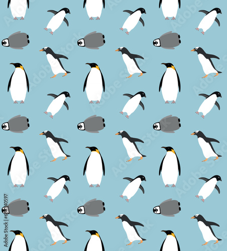 Vector seamless pattern of flat hand drawn penguin isolated on blue background