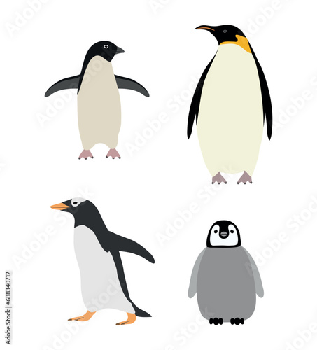 Vector set of hand drawn flat penguin isolated on white background