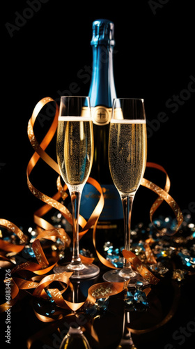Two glasses and a bottle of champagne wine background with serpentine and confetti. Celebrating New Year and Christmas