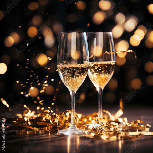 Two glasses with champagne wine background with blur glitter light bokeh effect. Celebrating New Year and Christmas