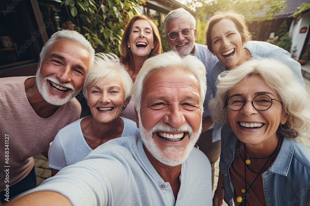 Happy smiling senior people taking selfie together - obrazy, fototapety, plakaty 