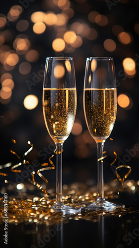 Two glasses with champagne wine background with blur glitter light bokeh effect. Celebrating New Year and Christmas