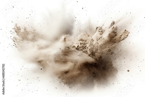 isolated dust debris flying burst background white overlay dirt texture closeup explosion spray motion cloud powder rock stone granite chalk space blast abstract