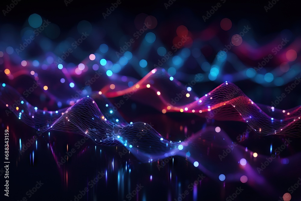 rendering 3d wave Sound visualization data Big lines dots connecting Network DNA background Molecular abstract Music deoxyribonucleic acid ai speed voice analysis - obrazy, fototapety, plakaty 