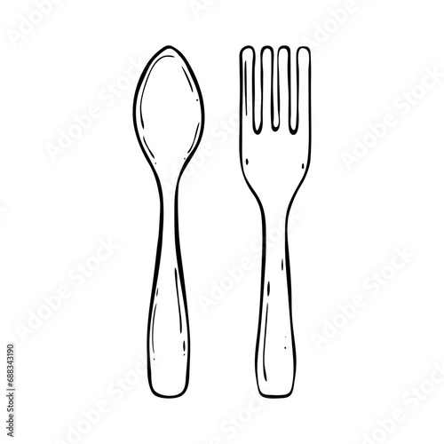 Spoon with fork on isolated background in doodle style.Hand drawn vector illustration.