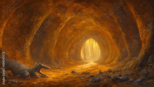 cautiously make your deeper into lair, come across massive cavern, size great hall. walls ceiling coated gleaming amber crystals that sparkle light. center cavern lies 2d animation photo
