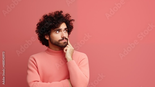 a man thinking about an idea, isolated on pink pastel color studio background.