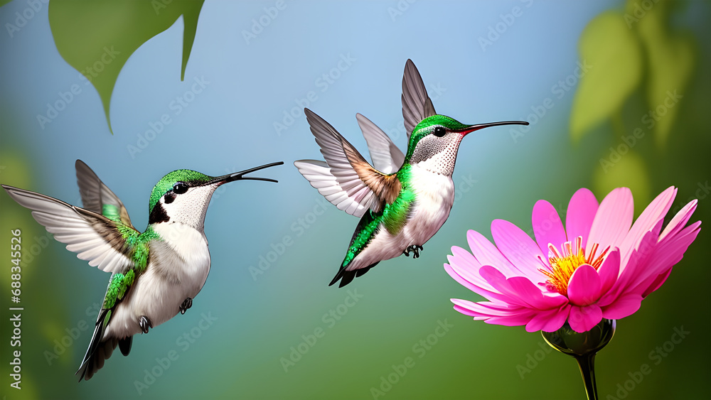 Fototapeta premium Enchanting Elegance, A Hummingbird's Dance with Nectar in the Blooming Garden