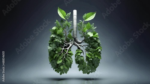 Breathing human lung full of leaves, lush leafy greenery, forest tree branches. Conceptual video environmental eco, pollution free clean air, health care. Awareness of climate change, earth protection photo