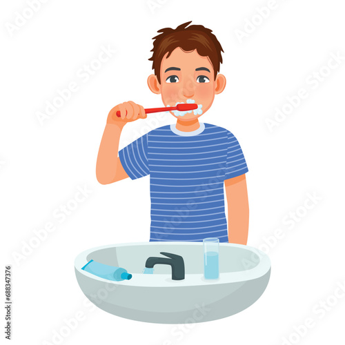 Young man brushing teeth with toothpaste