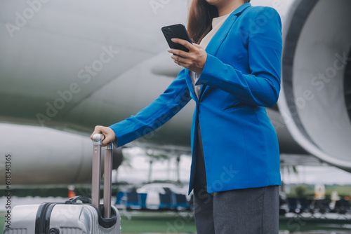 Young asian woman in international airport  using mobile smartphone and checking flight at the flight information board