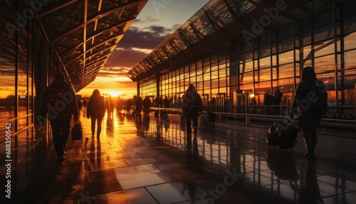People walking in front of glass airport building at sunset