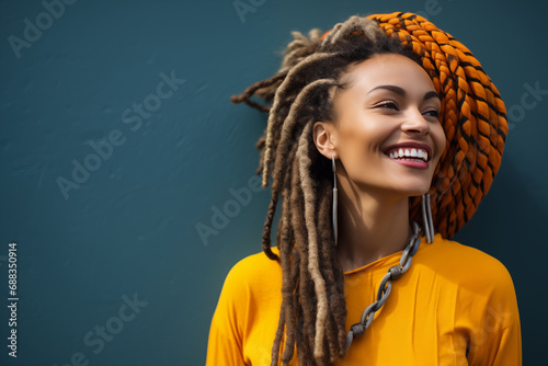 Smiling radiant black woman with colored braids, dreadlocks, orange, brown, big fashion necklace, earrings, uniform duck blue background, sunlight, happy girl, colorful, afro ethnic style, vivid smile