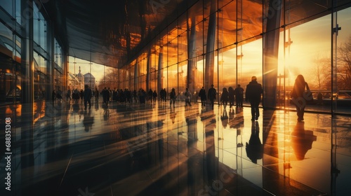 Several people passing through a large glass of airport
