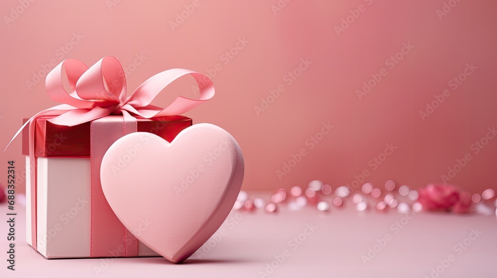 Pink heart near the gift box on a pink background.