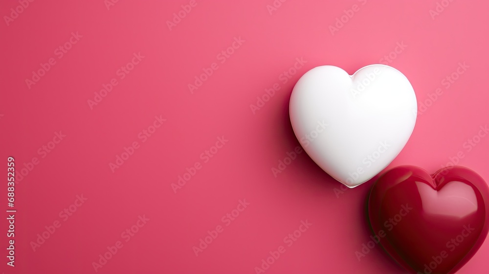 Figures of white and red hearts on a pink background.